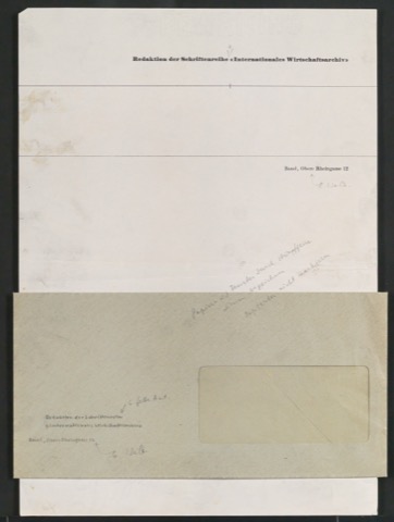 Probedruck von Briefbogen und Entwurf von Briefumschlag für Redaktion der Schriftenreihe "Internationales Wirtschaftsarchiv"