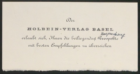 Empfehlungskarte mit Korrektur für den Holbein Verlag