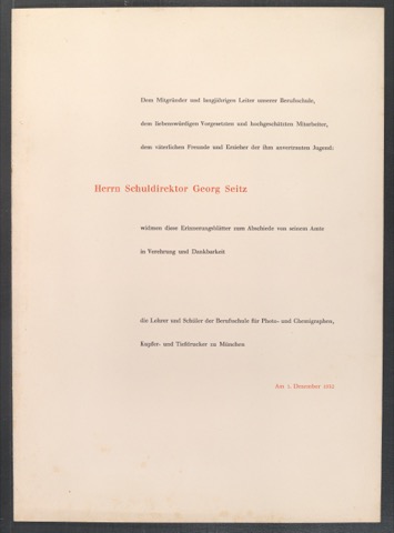 Erinnerungsblätter zum Abschied von Schuldirektor Georg Seitz