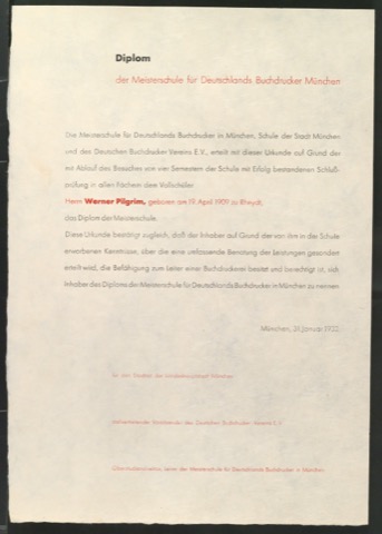 Diplomurkunde der Meisterschule für Deutschlands Buchdrucker für Werner Pilgrim