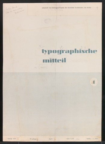 Montierter und korrigierter Probedruck für den Umschlag von Typografische Mitteilungen, 29. Jahrgang, Heft 1