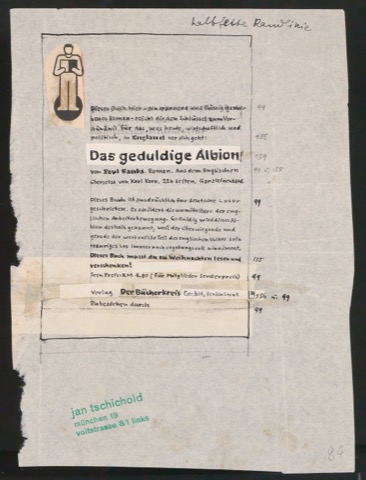 Entwurf und Probedruck von Werbeanzeige Das geduldige Albion