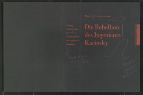 Probedrucke und Korrekturfahne von Bucheinband für Die Rebellion des Ingenieurs Karinsky
