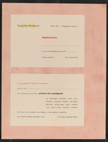 Mitgliedskarte für Deutscher Werkbund und Einladung zur Ausstellungseröffnung Plakate der Avantgarde