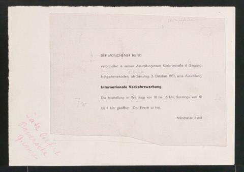 Korrekturfahne von Einladungskarte für Ausstellung Internationale Verkehrswerbung