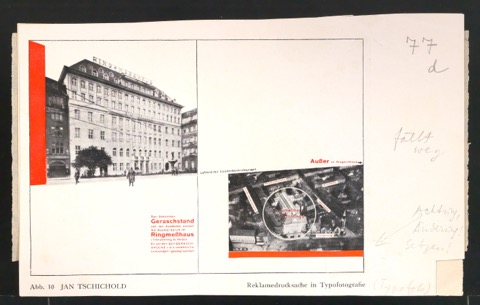Korrigierter Probedruck einer Illustration mit der Abbildung des Handzettels für Emil Gerasch GmbH