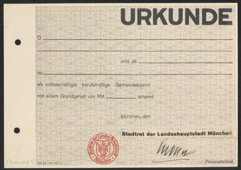 Klebeentwurf für Urkunde zur Ernennung Gemeindebeamter