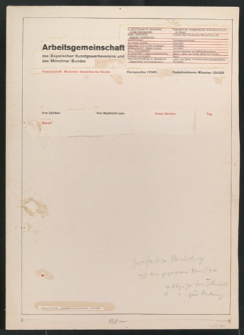 Klebeentwurf und Belegexemplar von Briefbogen für Arbeitsgemeinschaft des Bayrischen Kunstgewerbevereins und des Münchner Bundes