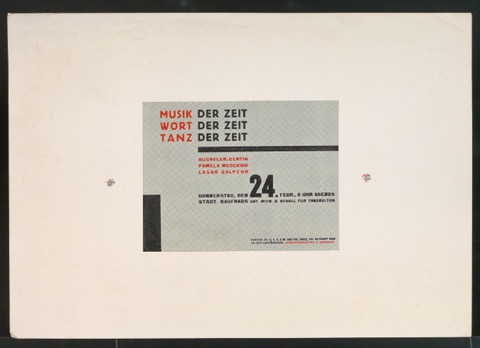 Verkleinerter Probedruck und Fotografie von Plakat Musik der Zeit, Wort der Zeit, Tanz der Zeit für Städtisches Kaufhaus Leipzig