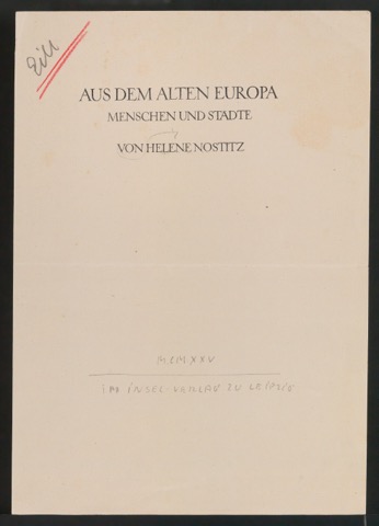 Korrigierter Probedruck für das Titelblatt von Aus dem alten Europa