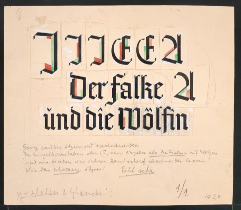 Handgezeichnete Satzvorlage für das Titelblatt und Initialen von Der Falke und die Wölfin