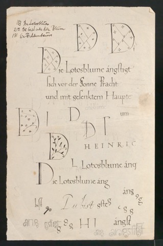 Schriftübungen und Skizzen von Verzierungen und Initialen zu Heinrich Heines Lyrisches Intermezzo