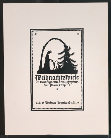 Probedruck des handgezeichneten Titelblattes von Weihnachtsspiele im Kindergarten