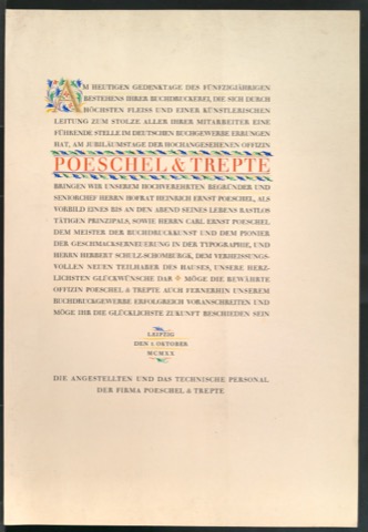 Festschrift für Heinrich Ernst Poeschel, Carl Ernst Poeschel und Herbert Schulz-Schomburgk von Angestellten und technischem Personal der Firma Poeschel & Trepte