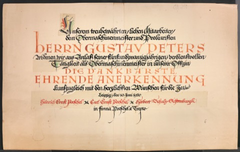 Entwurf einer Urkunde zur Anerkennung des fünfundzwanzigjährigen Dienstjubiläums des Obermaschinenmeisters Gustav Peters