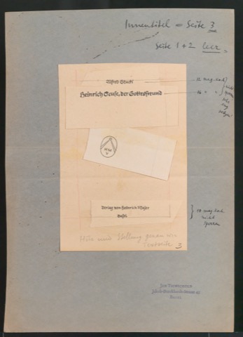 Montierter Entwurf für das Titelblatt von Heinrich Seuse, der Gottesfreund