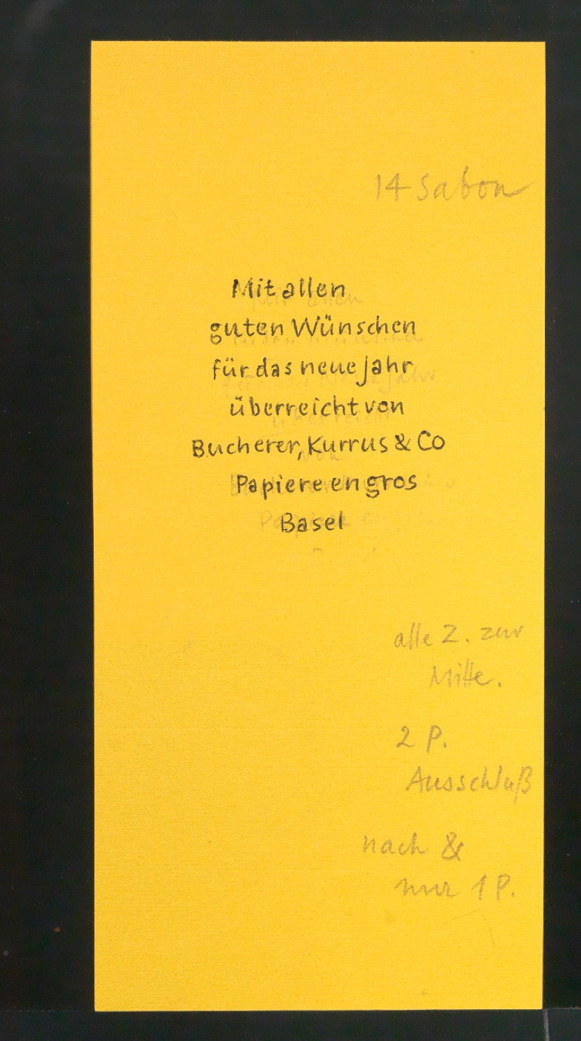 Skizze und Probedrucke von Empfehlungskarte Neujahrswunsch beigelegt zu Der chinesische Stempel — Blatt 1