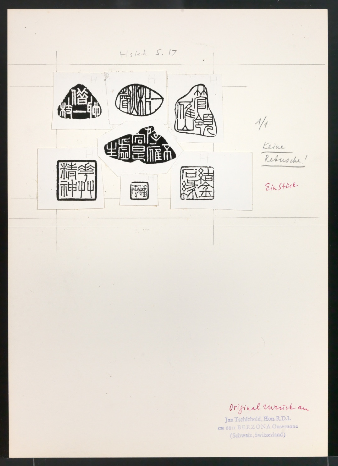 Skizzen, Probedrucke und Klebeentwürfe für Der chinesische Stempel — Blatt 11