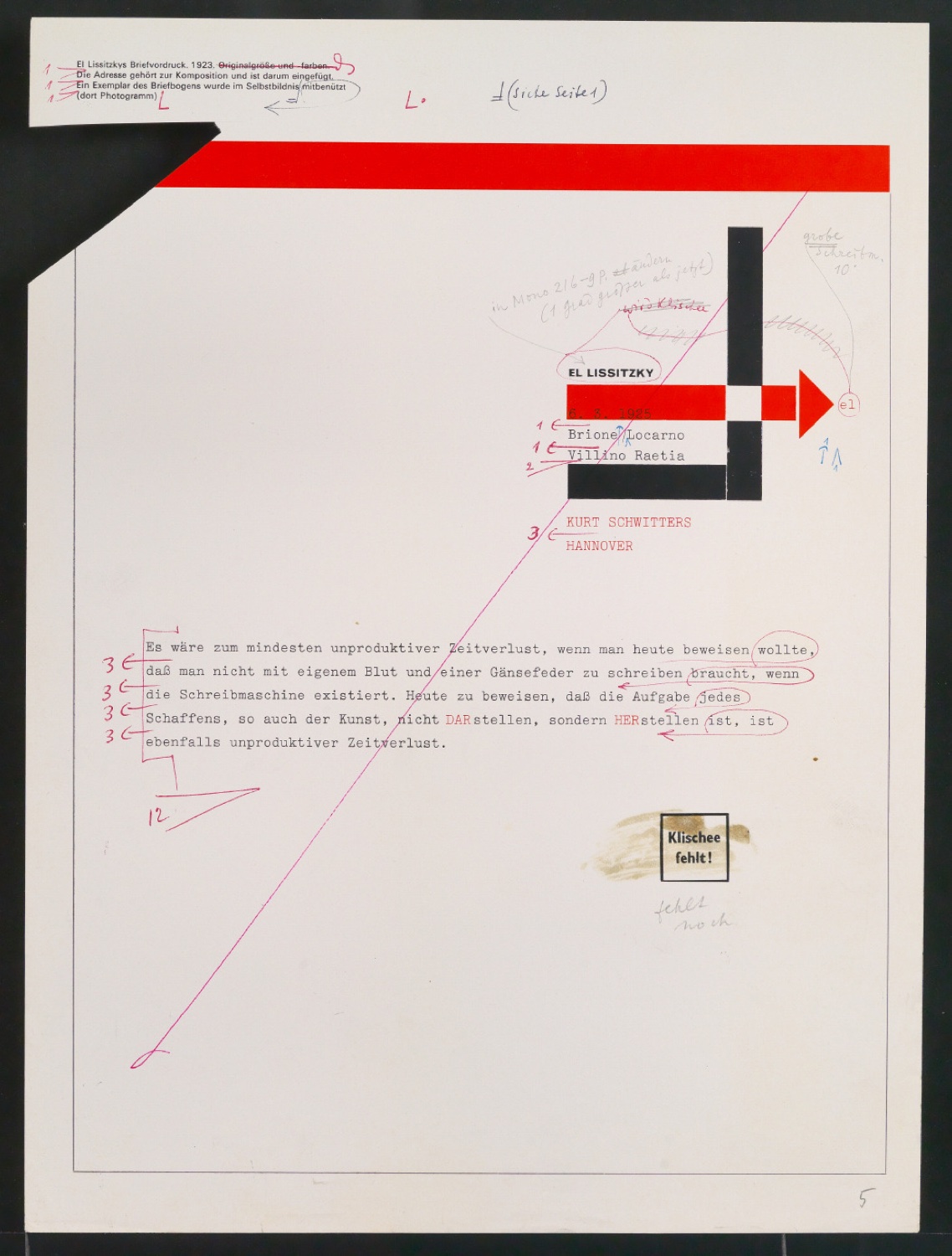 Klischeeabzüge, Probedrucke und Vorarbeiten für verschiedene Artikel und Abbildungen über El Lissitzky — Blatt 39