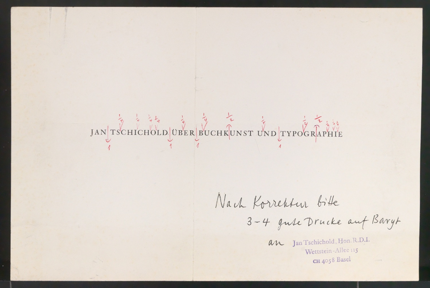 Notizen und Probedrucke von Titelzeile für Über Buchkunst und Typographie — Blatt 13