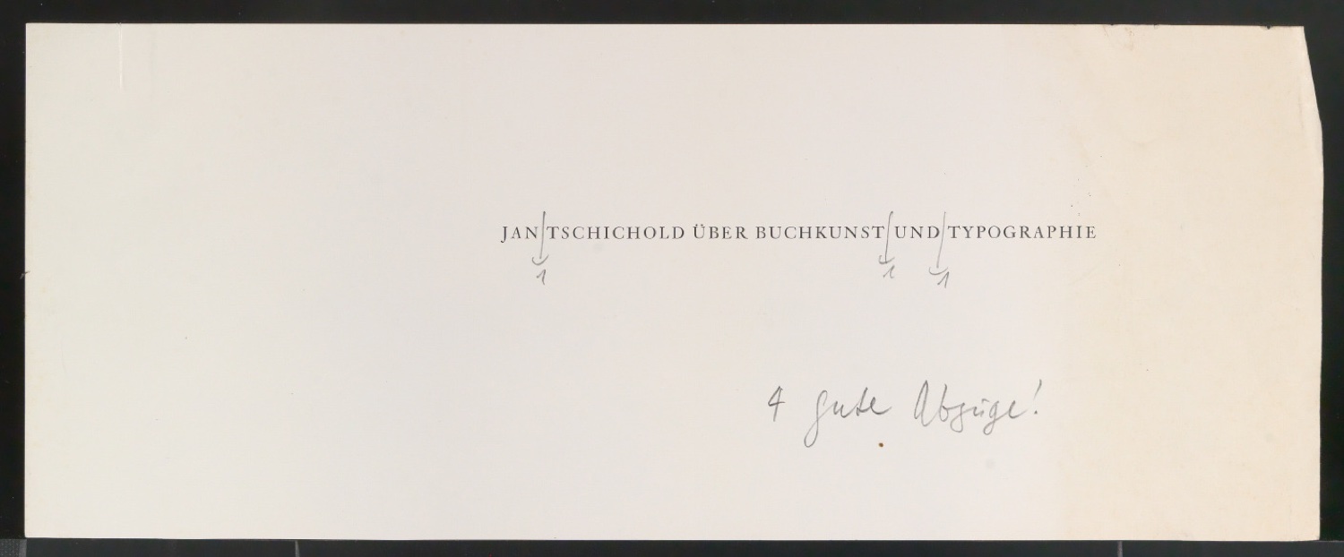 Notizen und Probedrucke von Titelzeile für Über Buchkunst und Typographie — Blatt 15