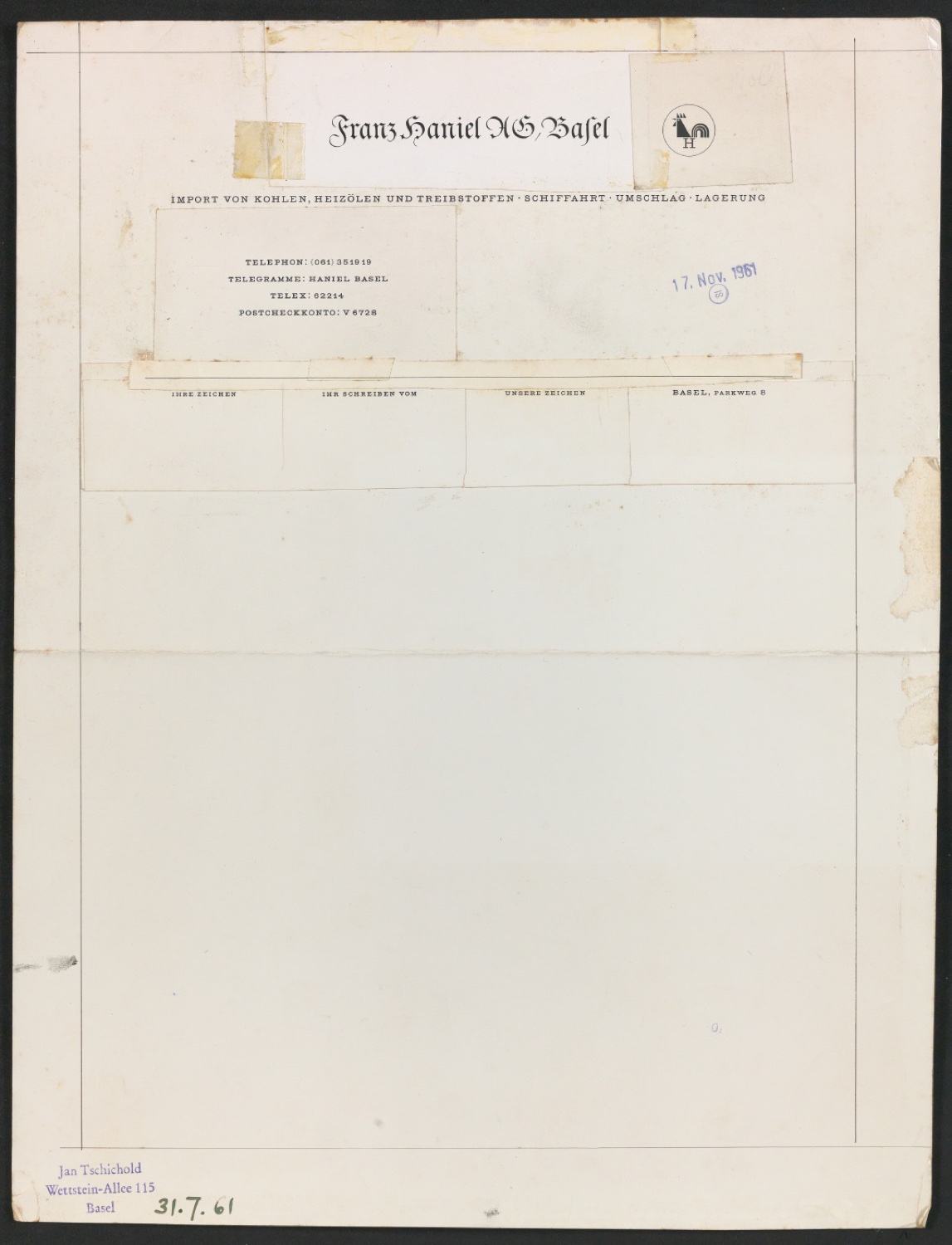 Mappe mit Klebeentwurf für einen Briefbogen von Franz Haniel AG — Blatt 9