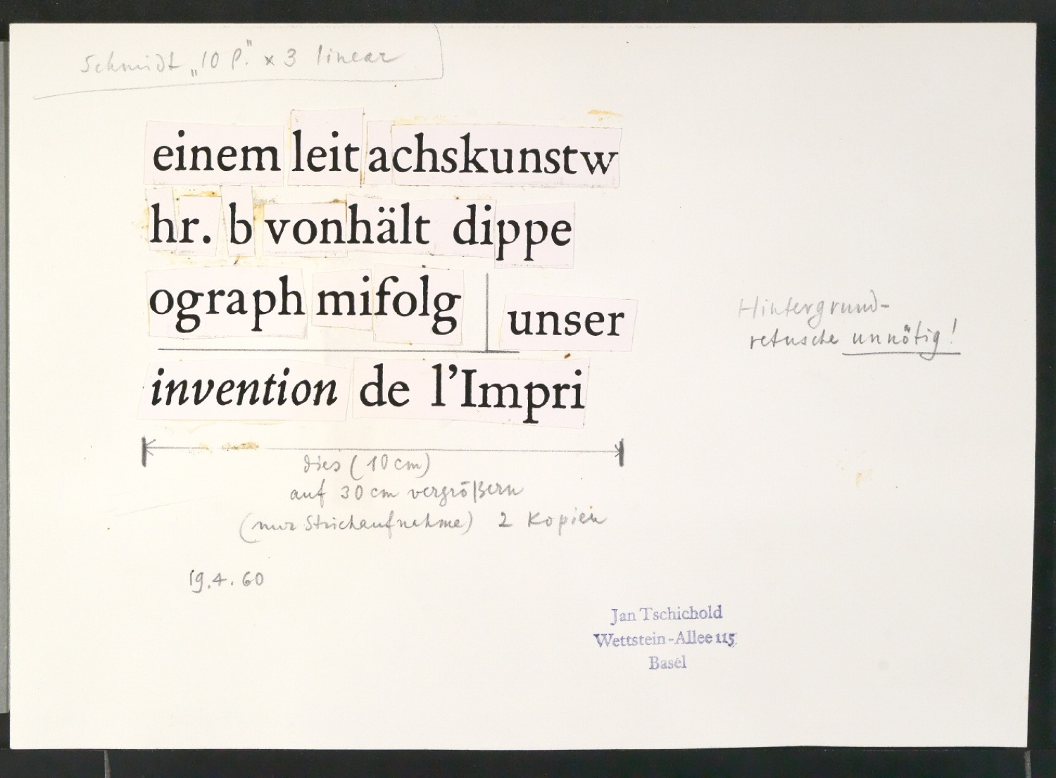 Montierte Klischeevorlage, Reproduktionsfotografien und Druckklischee zu Antiquaschriften — Blatt 17
