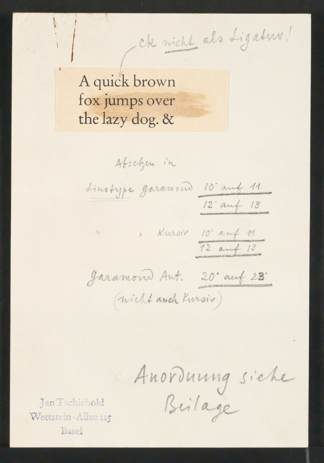 Mappe mit Transparentfolie, Probedrucken und Notizen zur Garamond — Blatt 35