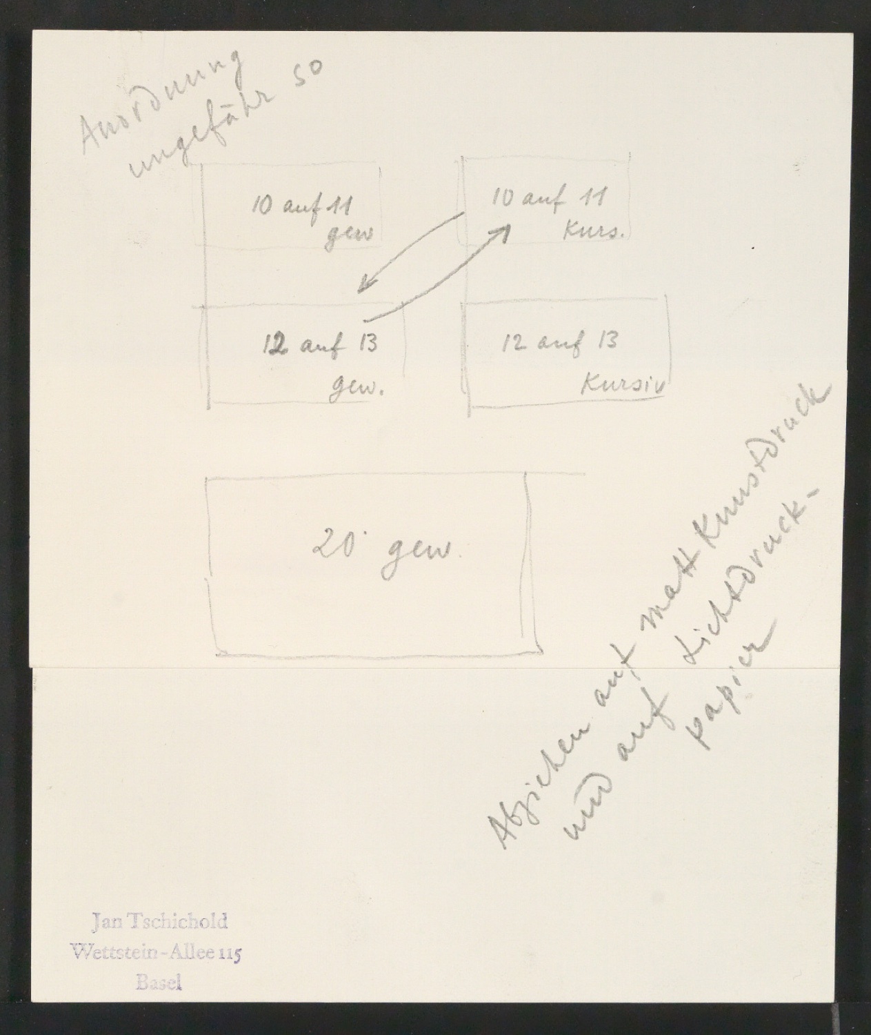 Mappe mit Transparentfolie, Probedrucken und Notizen zur Garamond — Blatt 37