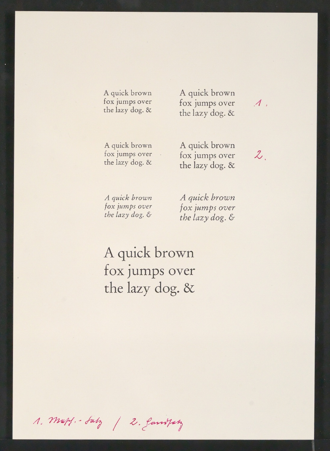 Mappe mit Transparentfolie, Probedrucken und Notizen zur Garamond — Blatt 55