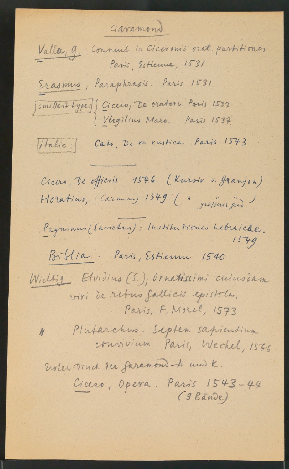 Mappe mit Notizen, Probedrucken, Klischeeabzügen zur Garamond — Blatt 35