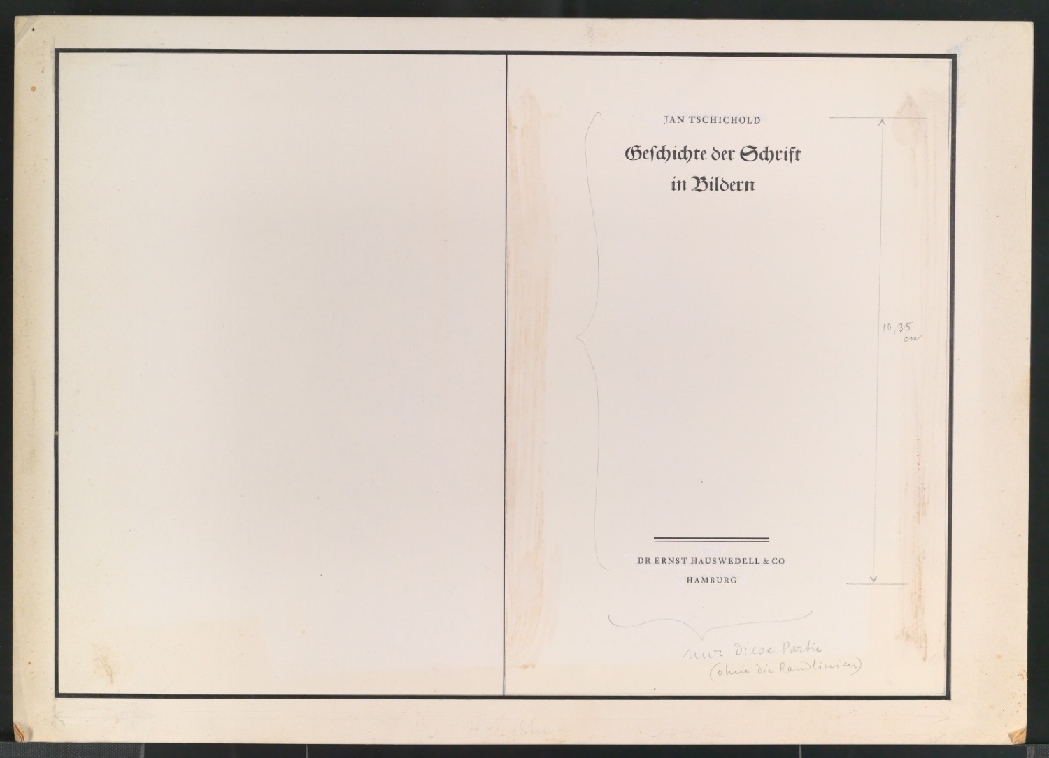 Klebeentwurf, Klischeeabzüge und montierter Druck von Titelblatt für Geschichte der Schrift in Bildern, 4. Auflage — Blatt 1