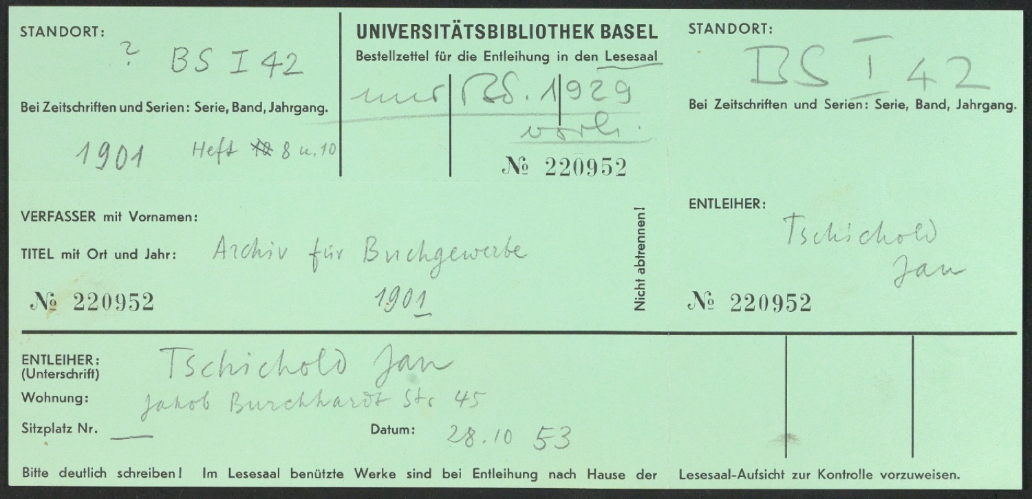 Leihscheine Universitätsbibliothek Basel — Blatt 1