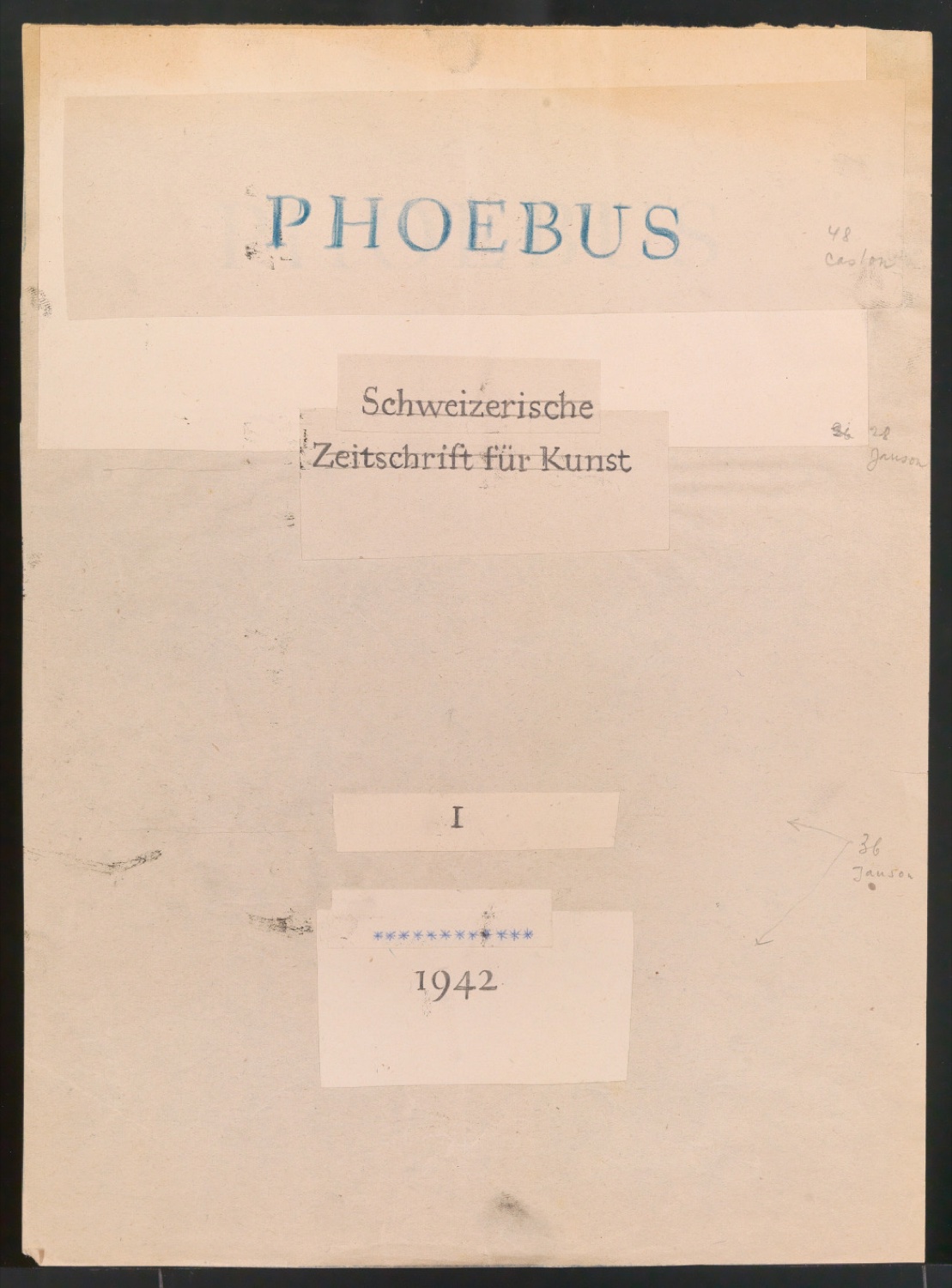 Entwürfe, Korrekturfahnen und Probedrucke für den Umschlag von Phoebus - Schweizerische Zeitschrift für Kunst, Heft 1, 1942 — Blatt 5