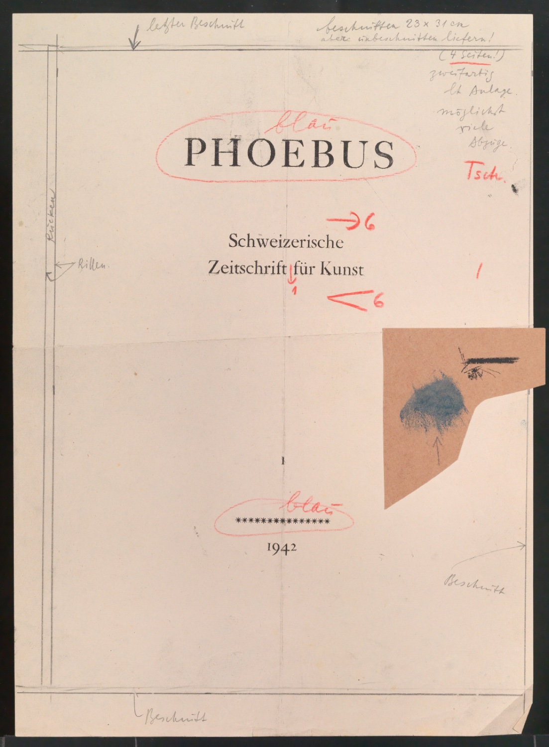 Entwürfe, Korrekturfahnen und Probedrucke für den Umschlag von Phoebus - Schweizerische Zeitschrift für Kunst, Heft 1, 1942 — Blatt 7