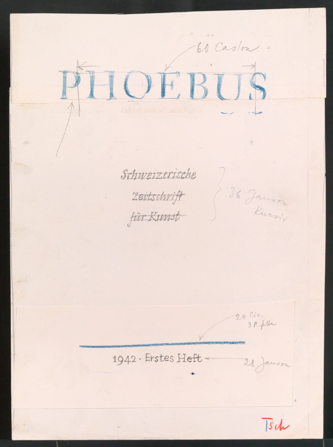 Entwürfe, Korrekturfahnen und Probedrucke für den Umschlag von Phoebus - Schweizerische Zeitschrift für Kunst, Heft 1, 1942 — Blatt 9