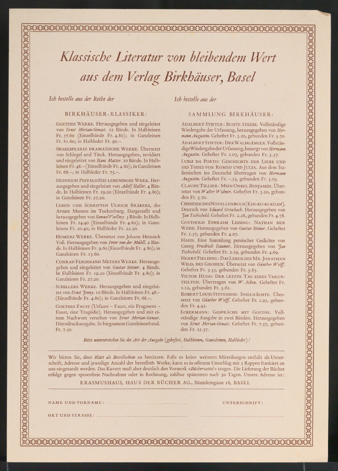 Konvolut Probedrucke von Bestellscheinen und Werbebeilagen für Birkhäuser — Blatt 5
