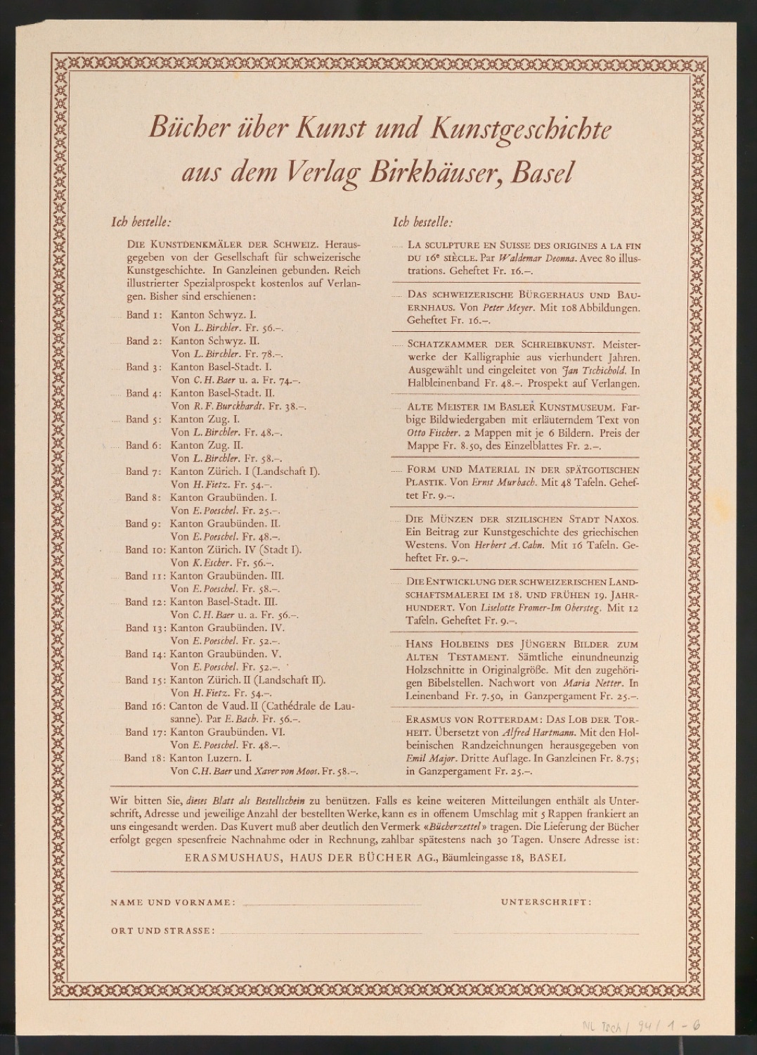 Konvolut Probedrucke von Bestellscheinen und Werbebeilagen für Birkhäuser — Blatt 6