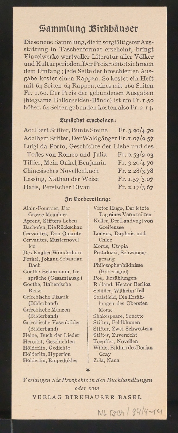 Konvolut Werbebeilagen für Birkhäuser — Blatt 12