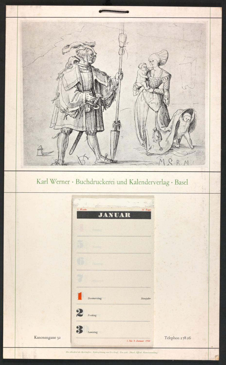 Wandkalender 1942 und 1944 für die Buchdruckerei und Kalenderfabrik Karl Werner — Blatt 1