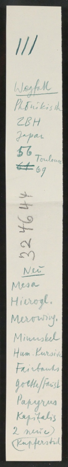 Notizen für Text und Entwurf für Schutzumschlag von Geschichte der Schrift in Bildern, 1. Auflage — Blatt 6