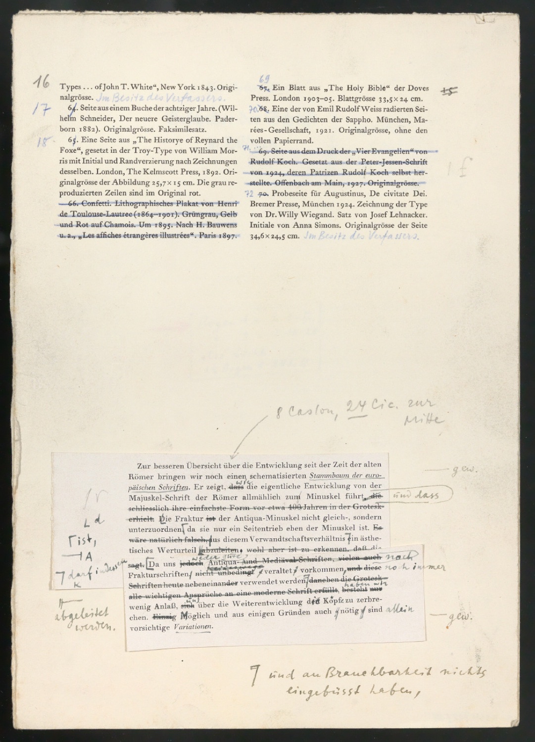 Montierte Entwürfe und korrigierte Seiten für Text und Schutzumschlag von Geschichte der Schrift in Bildern, 2. Auflage — Blatt 1
