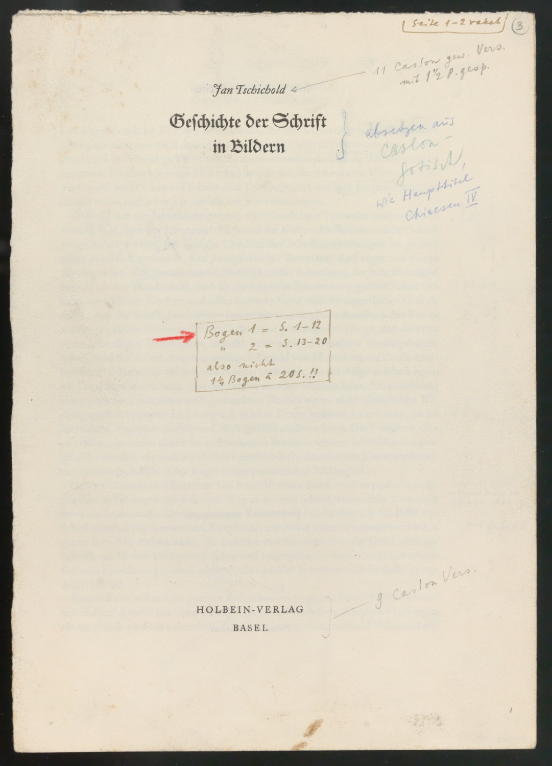 Montierte Entwürfe und korrigierte Seiten für Text und Schutzumschlag von Geschichte der Schrift in Bildern, 2. Auflage — Blatt 3