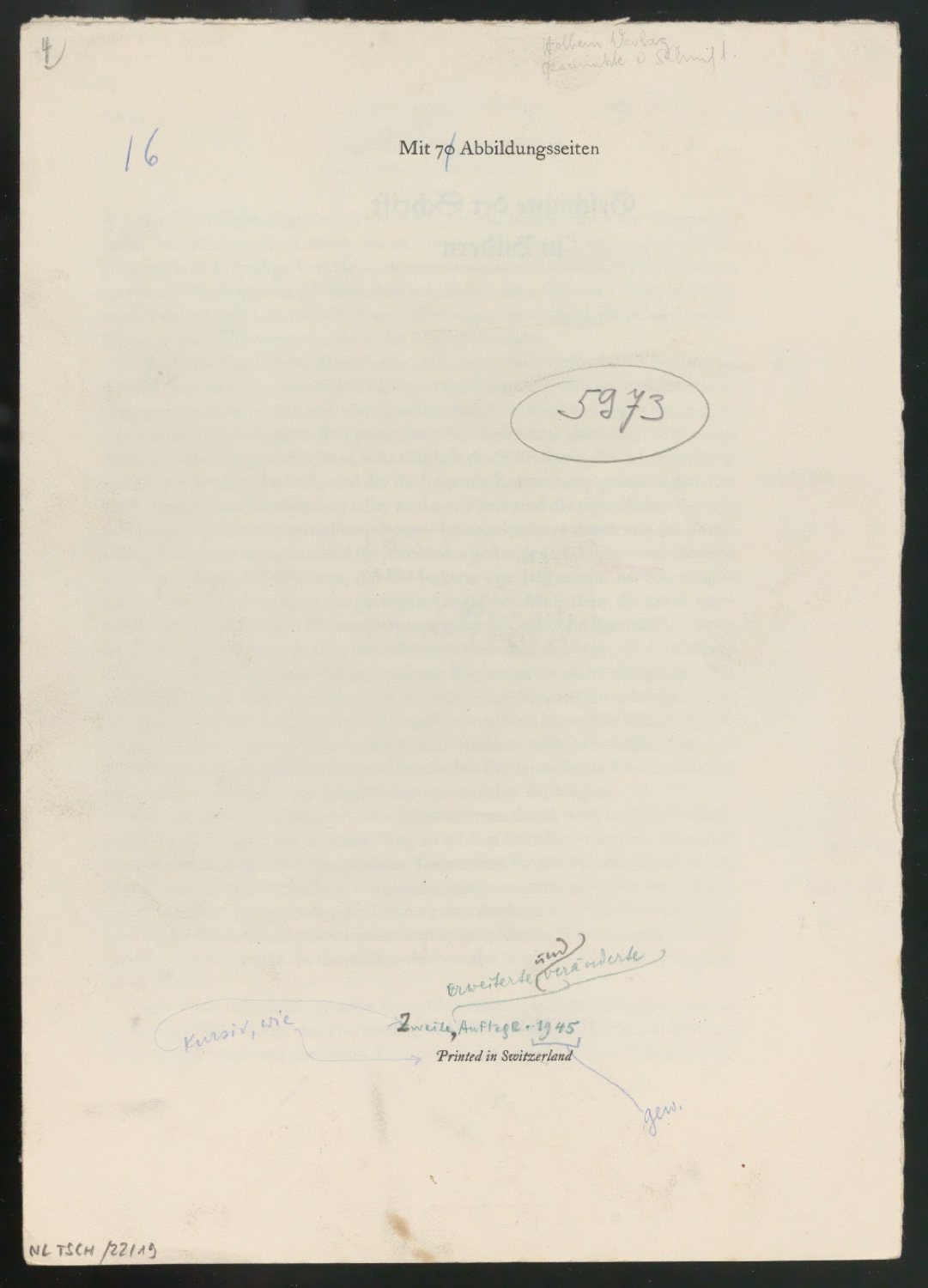 Montierte Entwürfe und korrigierte Seiten für Text und Schutzumschlag von Geschichte der Schrift in Bildern, 2. Auflage — Blatt 4