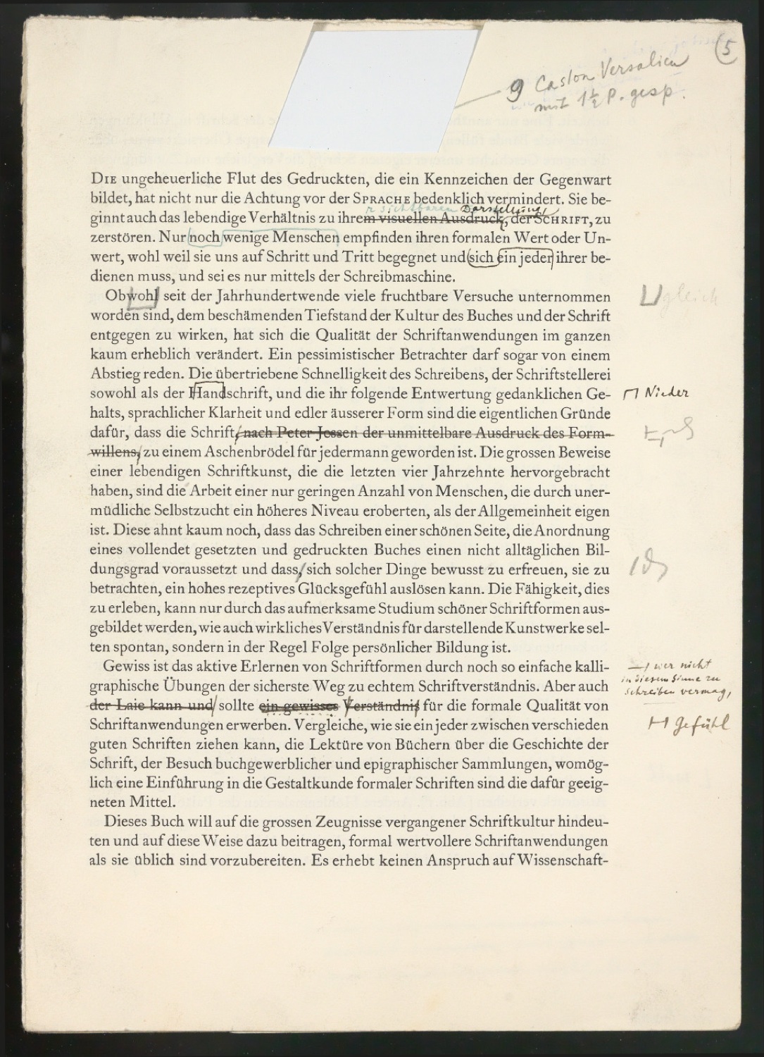 Montierte Entwürfe und korrigierte Seiten für Text und Schutzumschlag von Geschichte der Schrift in Bildern, 2. Auflage — Blatt 5