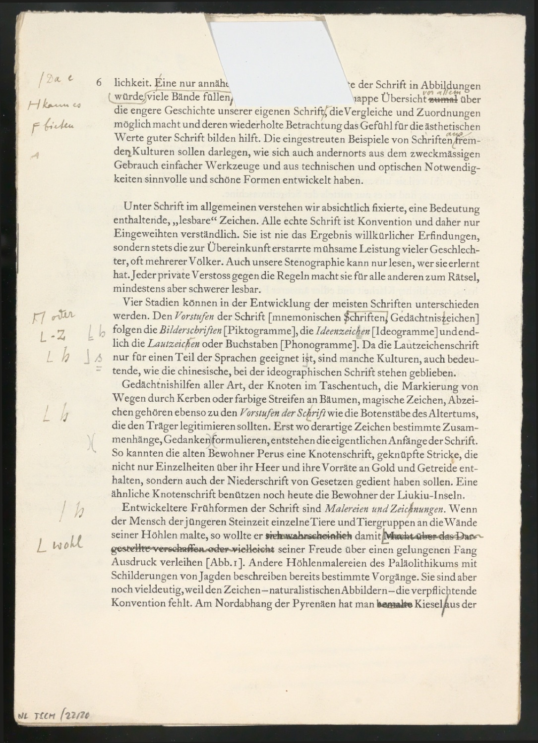 Montierte Entwürfe und korrigierte Seiten für Text und Schutzumschlag von Geschichte der Schrift in Bildern, 2. Auflage — Blatt 6