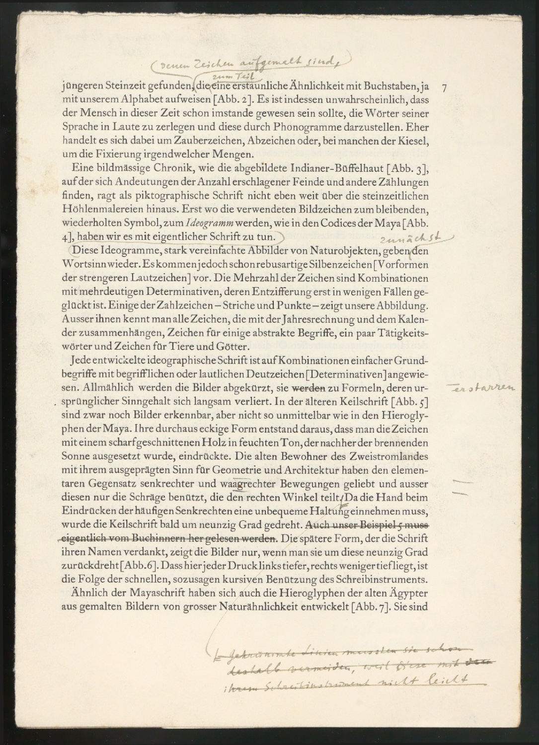 Montierte Entwürfe und korrigierte Seiten für Text und Schutzumschlag von Geschichte der Schrift in Bildern, 2. Auflage — Blatt 7