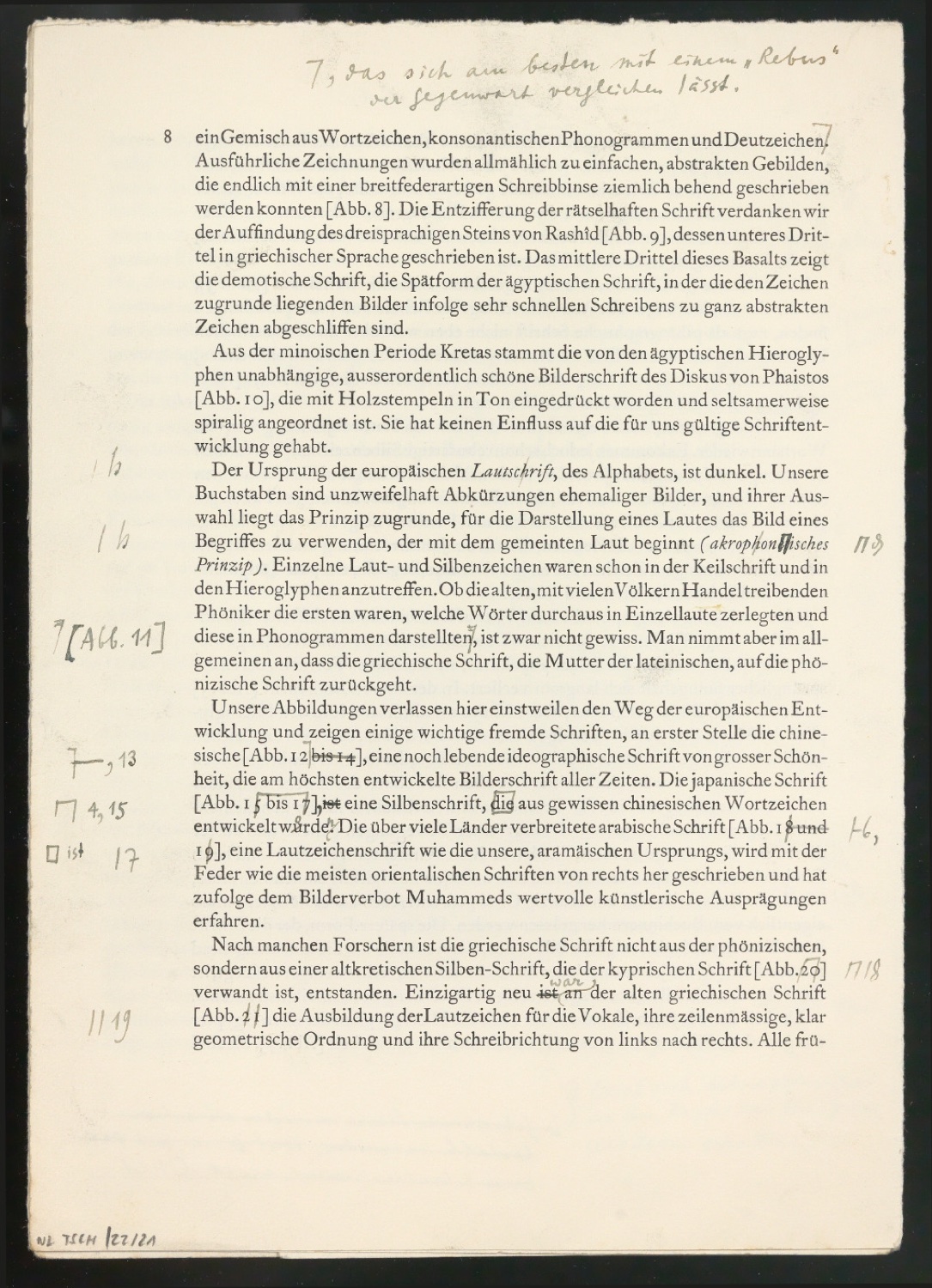 Montierte Entwürfe und korrigierte Seiten für Text und Schutzumschlag von Geschichte der Schrift in Bildern, 2. Auflage — Blatt 8