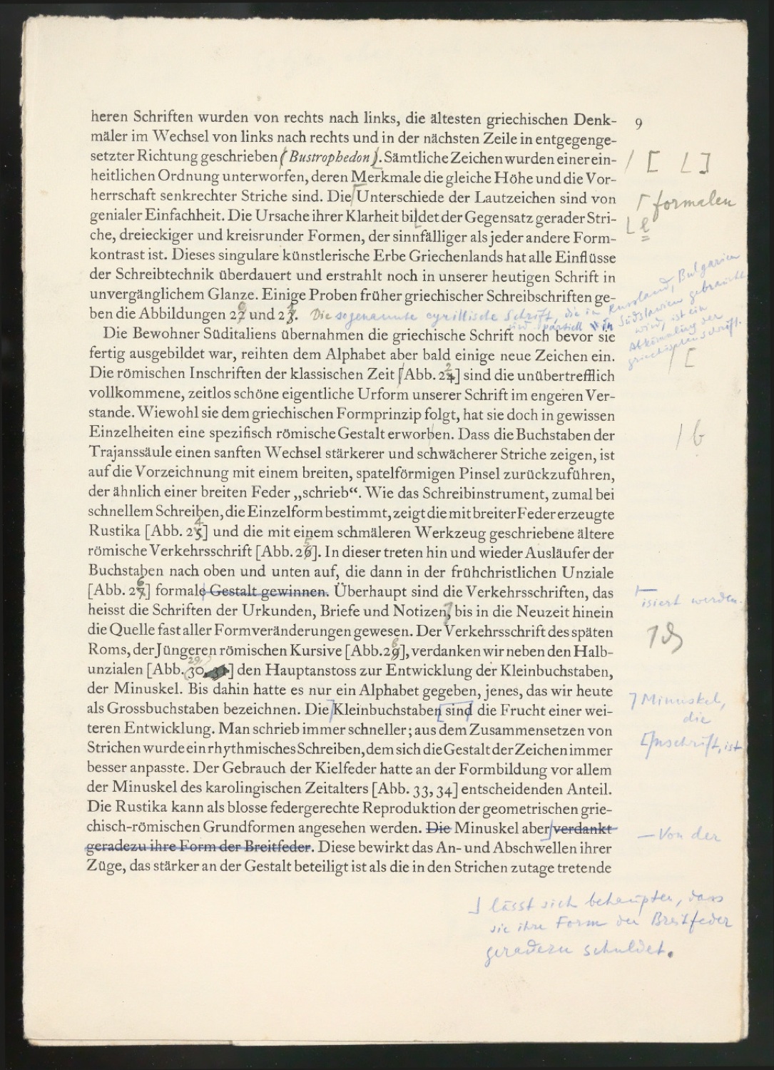 Montierte Entwürfe und korrigierte Seiten für Text und Schutzumschlag von Geschichte der Schrift in Bildern, 2. Auflage — Blatt 9