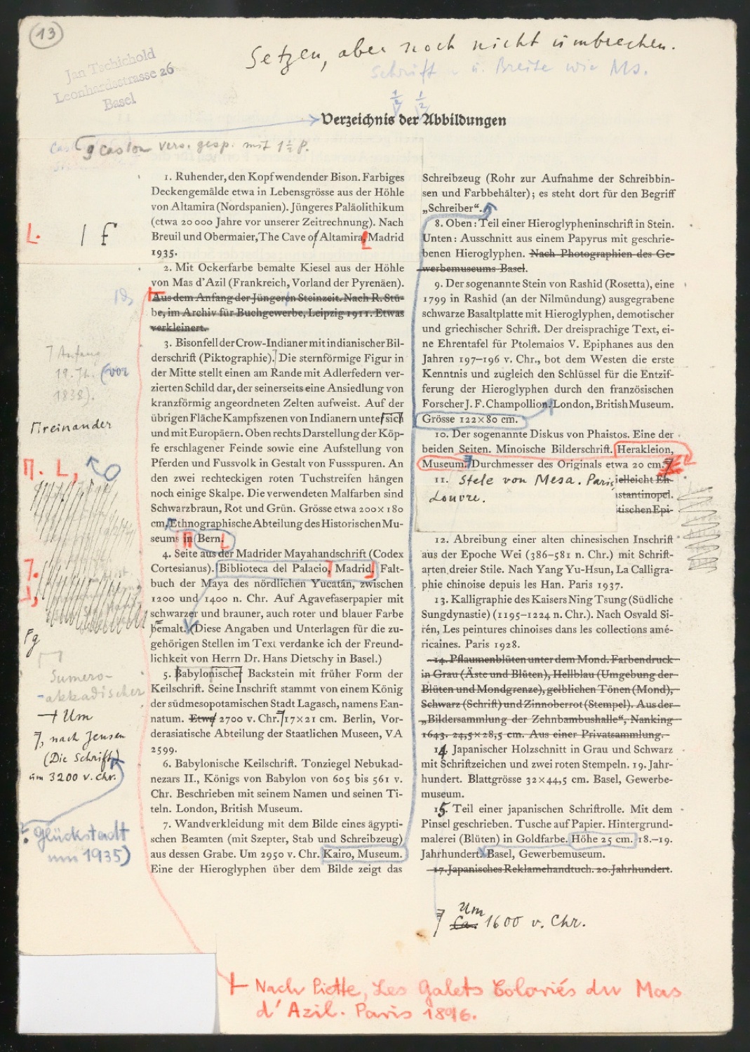 Montierte Entwürfe und korrigierte Seiten für Text und Schutzumschlag von Geschichte der Schrift in Bildern, 2. Auflage — Blatt 11